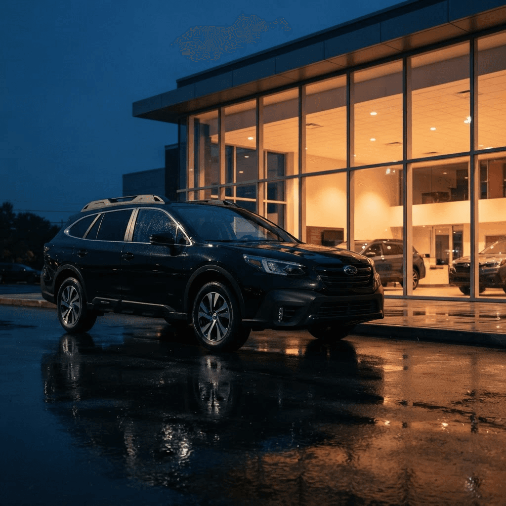Black Subaru SUV parked outside a glowing Subaru of Utica dealership at dusk